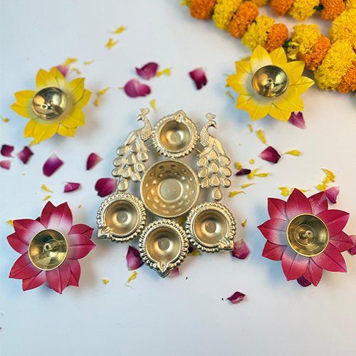 Peacock Design Multi-Wick Metal Diya with Lotus Diyas (Set of 5)-Giftii