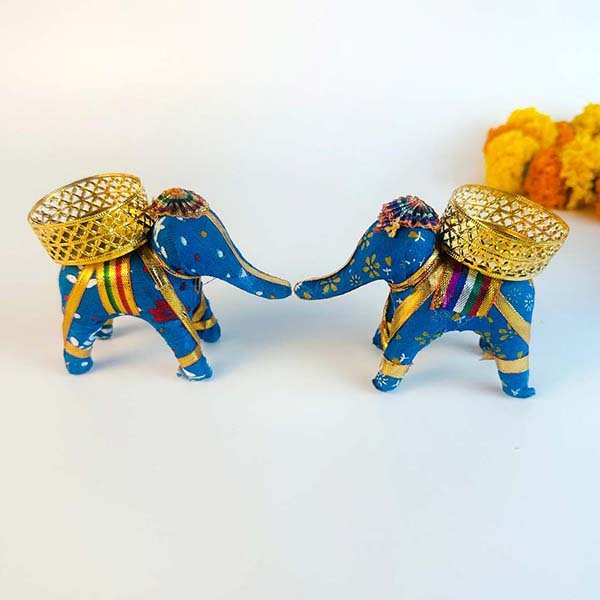 Handcrafted Rajasthani Blue Elephant Tea Light Decor (Set of 2)-Giftii