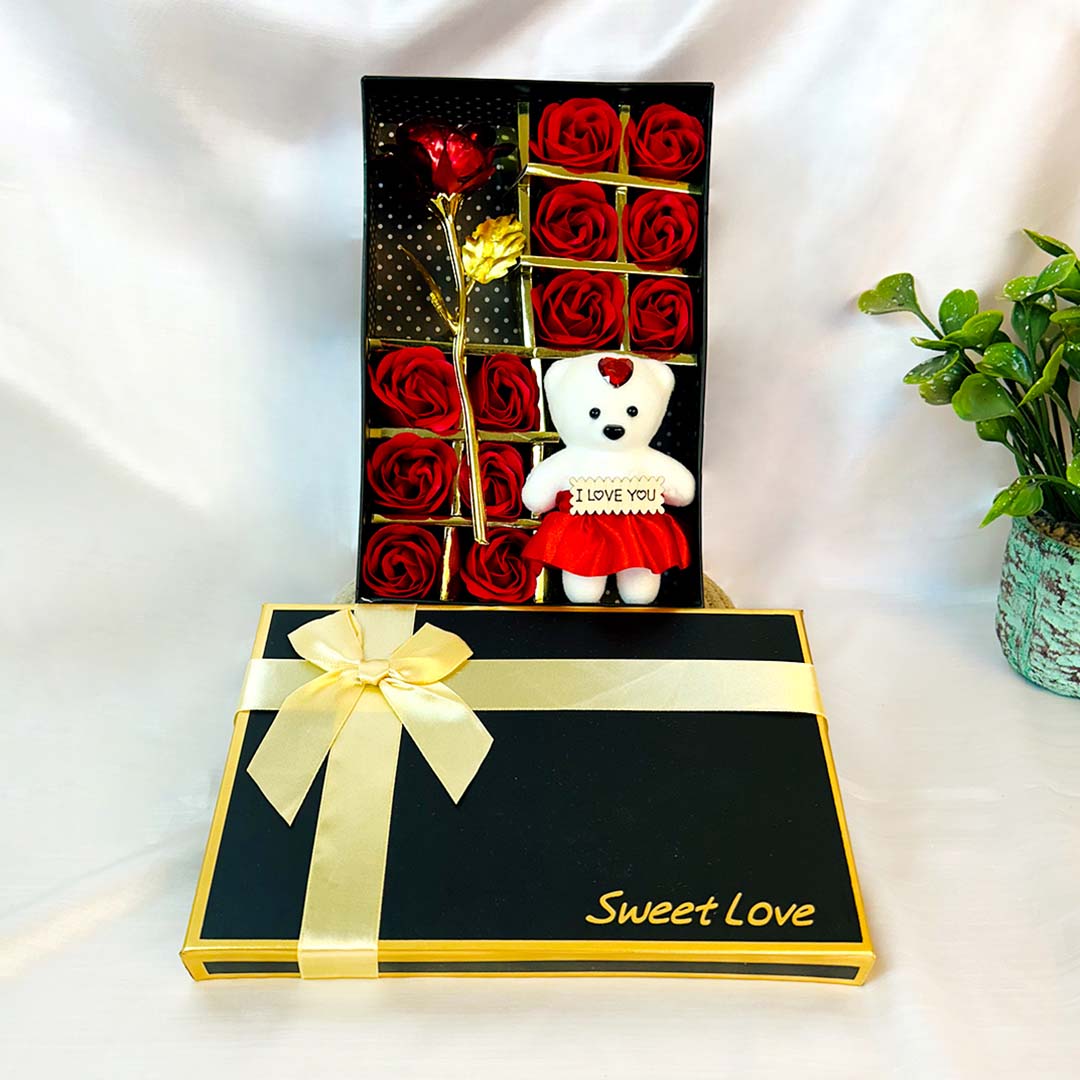 Sweet Love Gift Box with Teddy, Roses & Red Rose