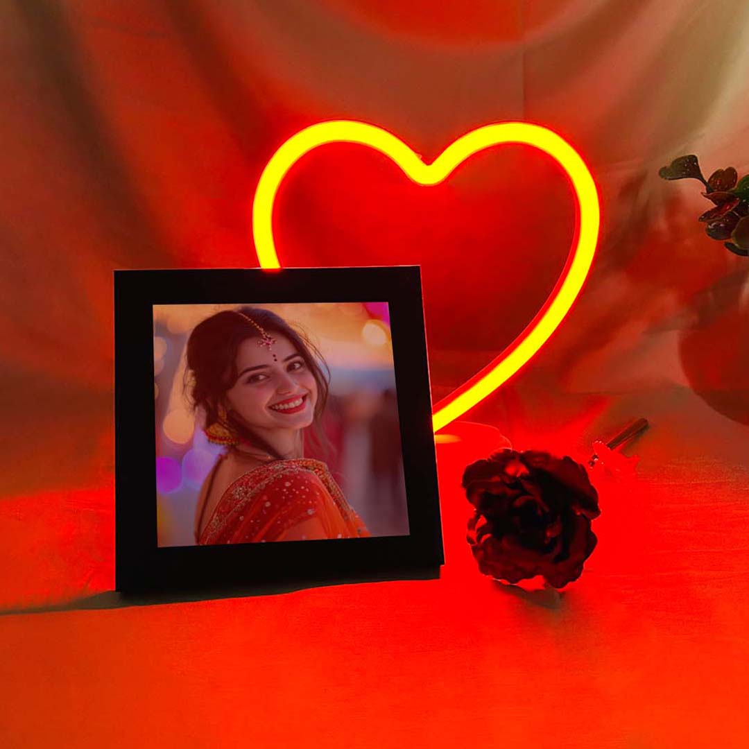 Heart Neon Lamp Combo with Personalized Photo & Red Metal Rose