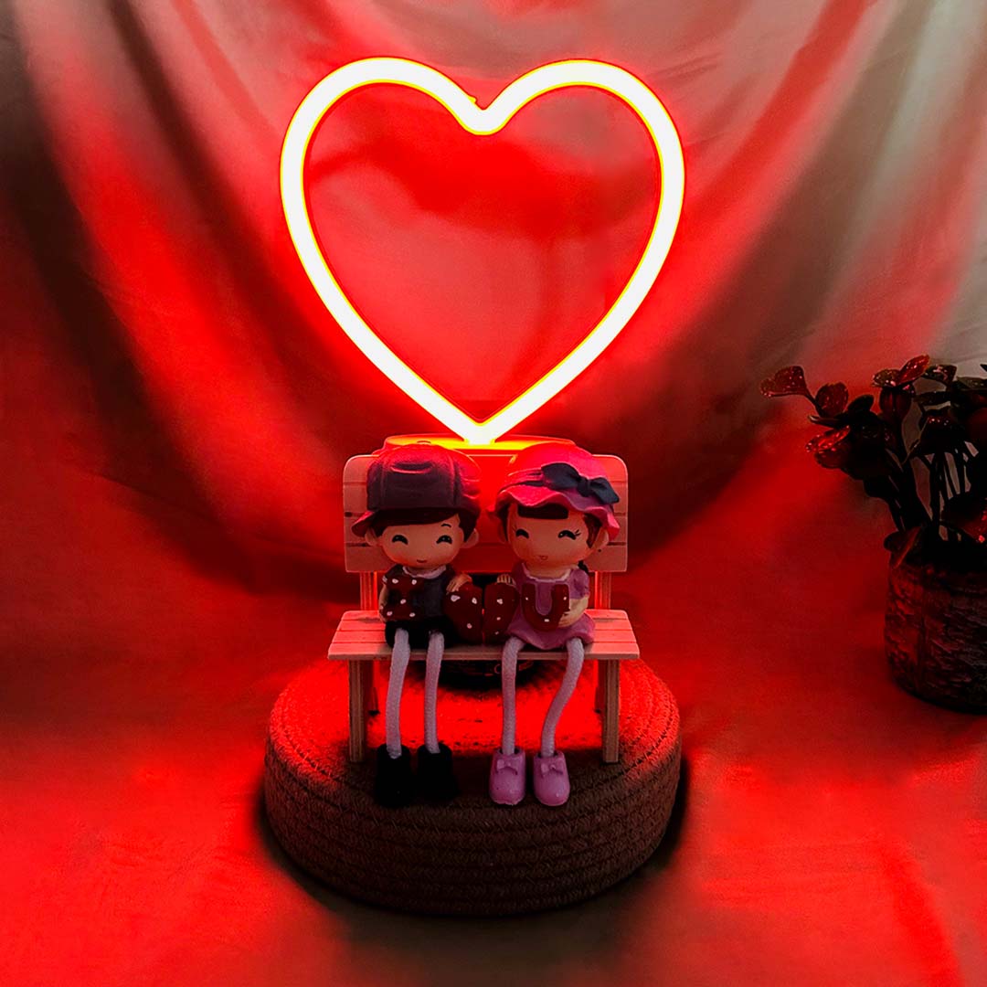 Smiley Couple on Love Bench & Heart Neon Lamp Combo