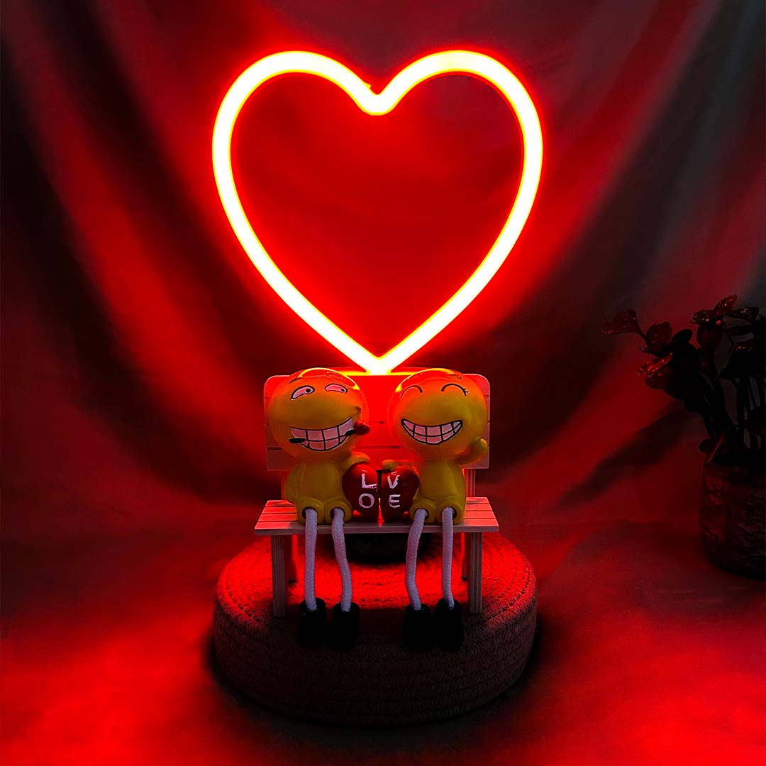 Love Bench Couple Figurine & Heart Neon Lamp Combo