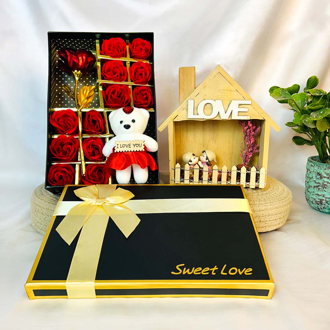 Love Gift Box with Teddy, Roses & Couple Wooden Hut